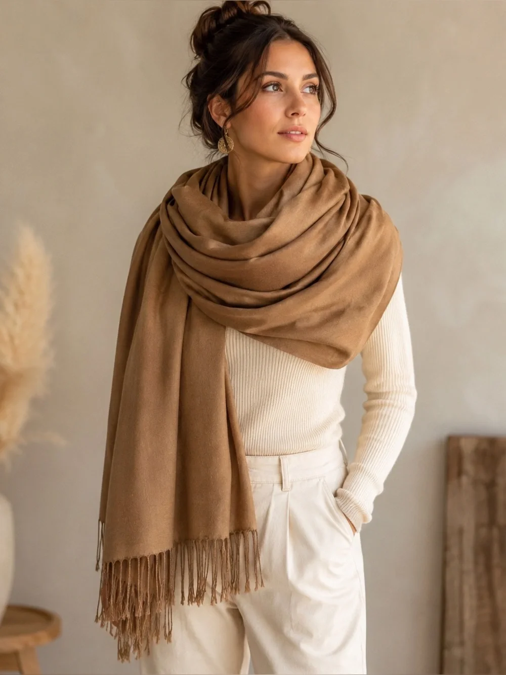 Pashmina 100% Cashmere Scarf Shawl Wrap Camel Tan Fringe Oversized Luxury 65x29